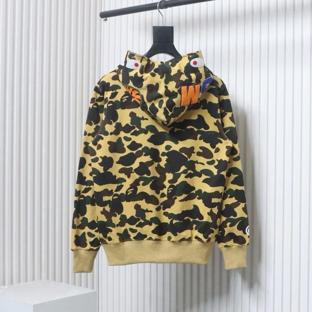A Bathing Ape Men’s L Yellow/Green/Black Camo Shark Full Zip Bape Hoodie Thumbnail 3