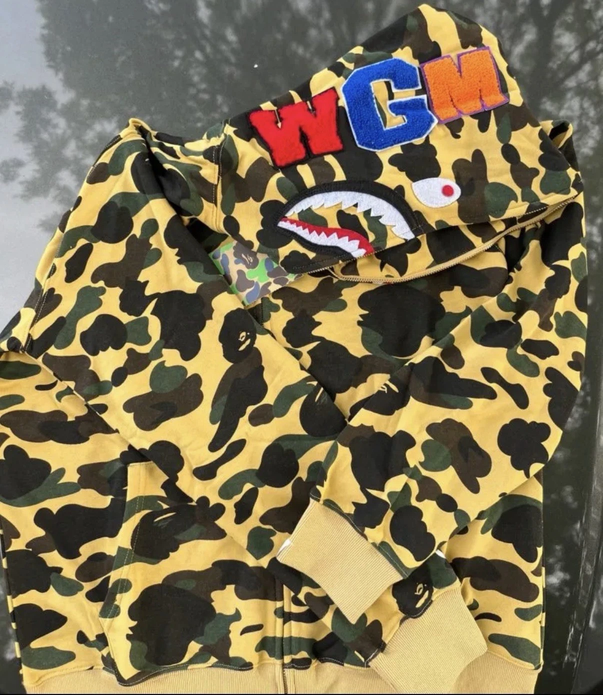 A Bathing Ape Men’s L Yellow/Green/Black Camo Shark Full Zip Bape Hoodie